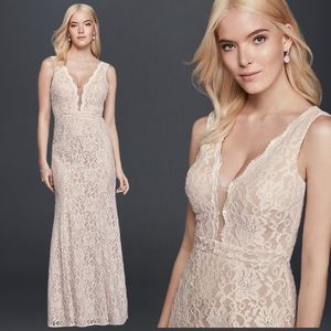 𝅺XScape Lace Sheath Bridal Gown, Plunging V-Neck XS849 Sz 10